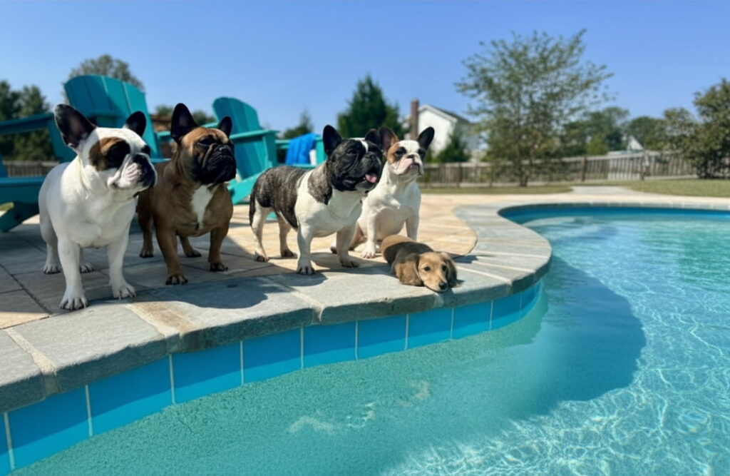 five dogs next to a swimming pool